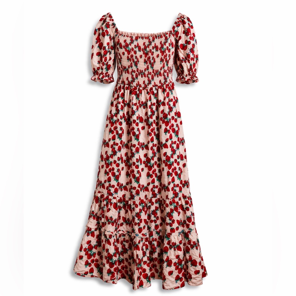 Betsey Johnson Strawberry Print Smocked Midi Dress Puff Sleeve Cottagecore M